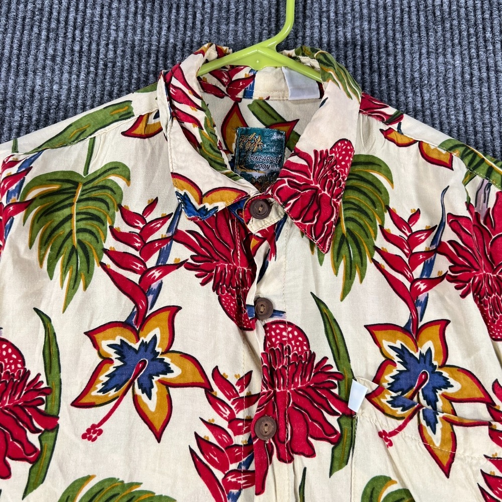 Pineapple Moon Mens Shirt Large Floral Short Sleeve Hawaiian Button Up Rayon